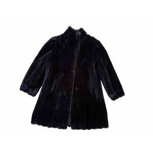 Vintage Womens Coat Faux Fur Mid Length Scalloped Edge Large Pocketed Black